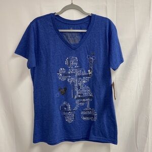 Disney Store Mickey Silhouette Glitter V-Neck Tee Shirt Blue Silver Size XL NWT